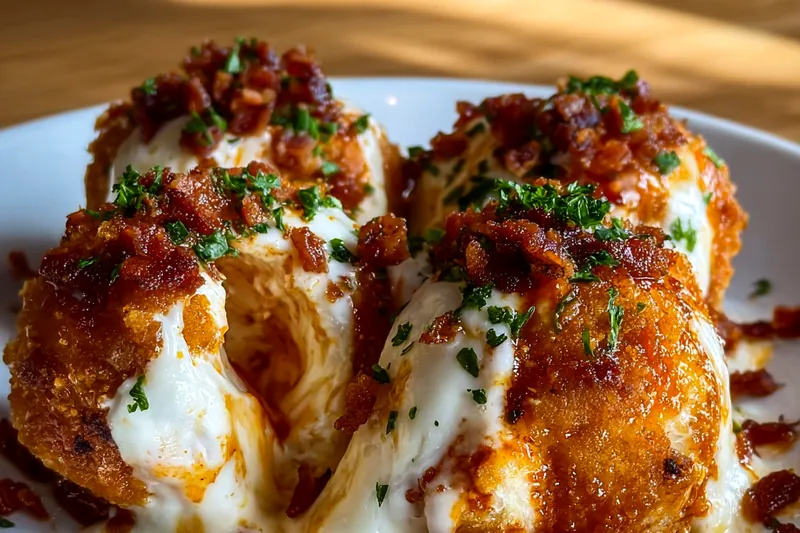 Raw ingredients for buffalo chicken bombs including ground chicken, bacon strips, mozzarella cubes, buffalo sauce, and breadcrumbs arranged on a wooden cutting board