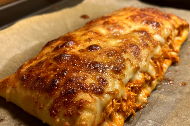 Chef Mitchell placing Buffalo Chicken Pizza Pockets into the oven to bake.