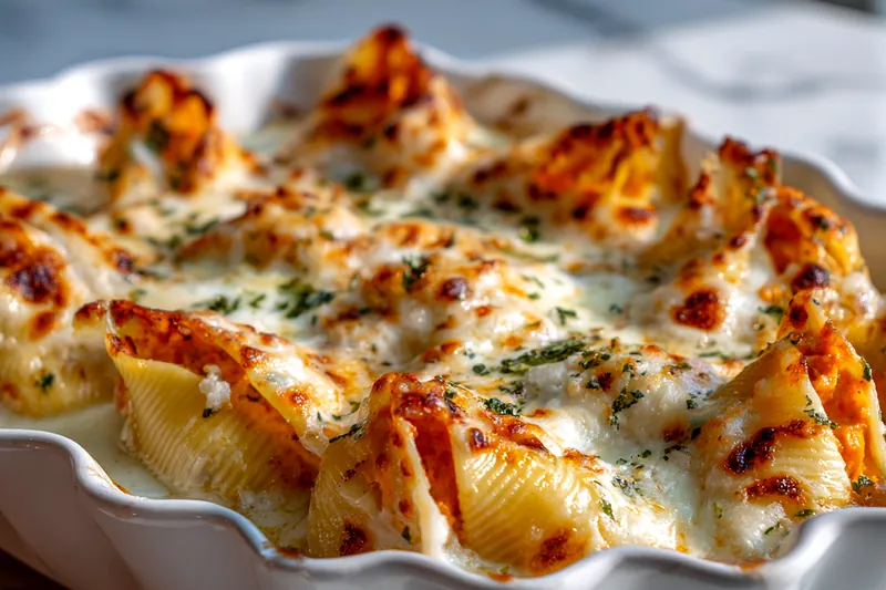 Close-up of hands using a spoon to fill a jumbo pasta shell with creamy orange butternut squash and ricotta mixture, with other stuffed shells arranged in a baking dish in the background and a pan of golden brown butter with sage leaves nearby