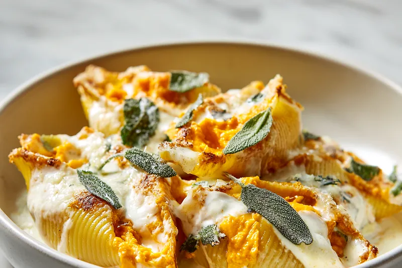Overhead view of recipe ingredients arranged on a white marble counter: roasted butternut squash puree in a bowl, ricotta cheese, fresh sage leaves, jumbo pasta shells, blocks of mozzarella and Parmesan, butter, cream, and spices in small bowls