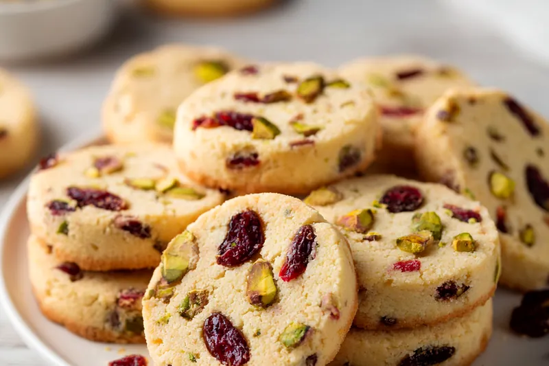 Close-up of shortbread cookie dough log wrapped in parchment paper with visible cranberries and pistachios throughout the pale dough