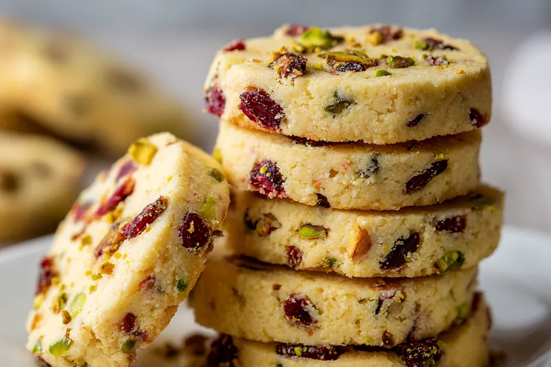 Overhead view of shortbread cookie ingredients arranged on marble: butter cubes, flour, sugar, salt, vanilla extract, dried cranberries, and chopped pistachios in white prep bowls