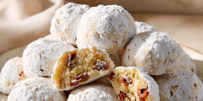 Stack of round buttery pecan snowball cookies generously coated in white powdered sugar with visible pecan pieces on top, arranged on a white plate against a warm beige background