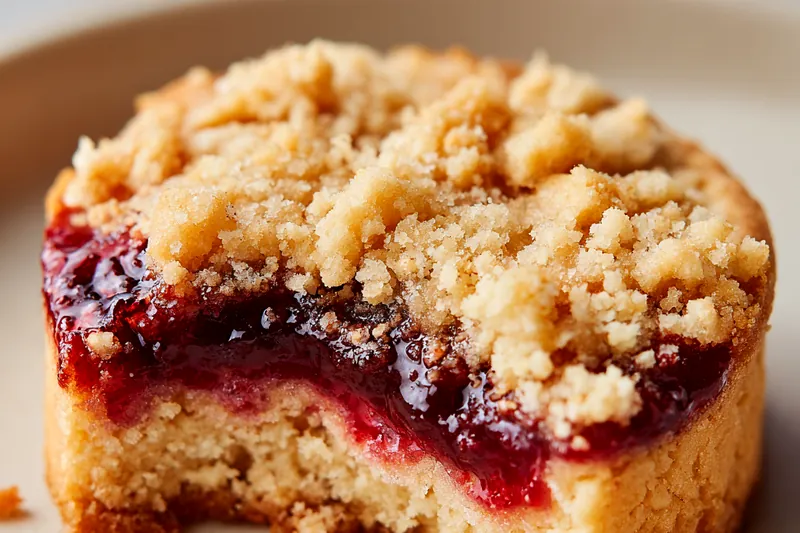 Close-up of raspberry crumble cookie dough being pressed into baking pan with raspberry preserves being spread on top and crumble topping ready to be added