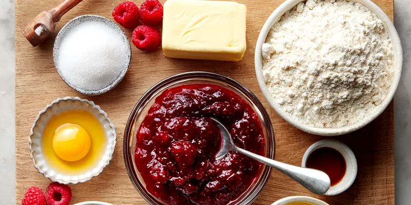 Stack of golden buttery raspberry crumble cookies with visible red raspberry filling and crumbly shortbread topping on white plate