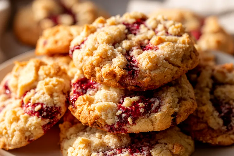 Overhead view of ingredients for raspberry crumble cookies including flour, butter, sugar, egg yolk, vanilla, salt, and bright red raspberry preserves arranged on light wooden board