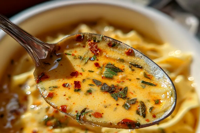A chef stirring Creamy Cajun Pasta Sauce in a skillet, showcasing the creamy texture.