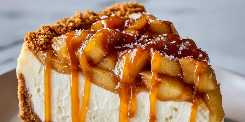 Slice of Caramel Apple Pie Cheesecake showing layers of graham cracker crust, creamy cheesecake, cinnamon apple topping, and glossy caramel drizzle on a decorative plate with a forkful being lifted