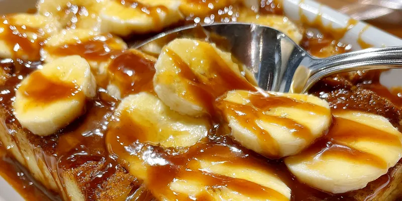 Delicious Caramel Banana Bread Pudding served on a plate