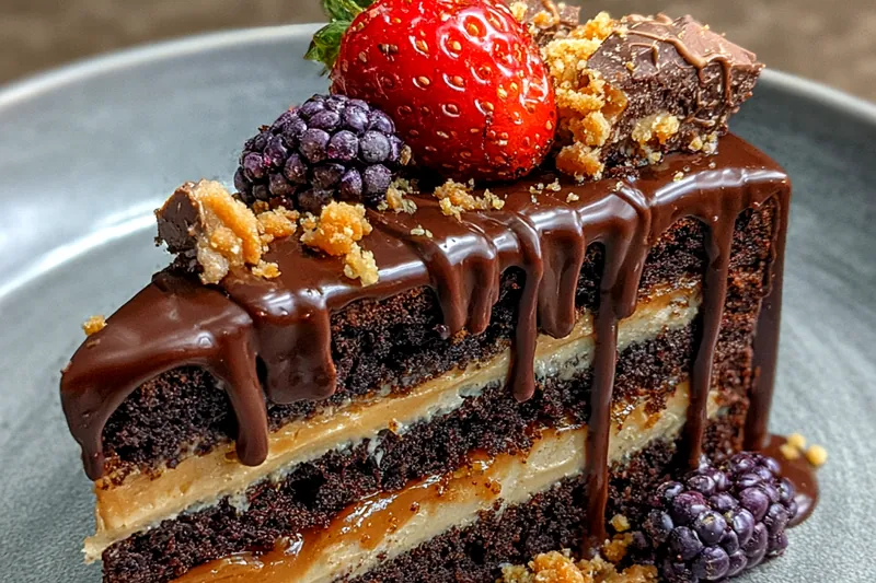 A beautifully arranged collection of all ingredients for Caramel Toffee Delight Cake including flour, sugar, cocoa, and toffee bits.