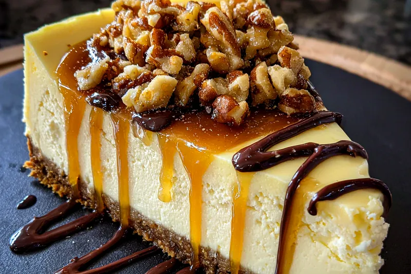 A visually appealing arrangement of ingredients for Decadent Caramel Turtle Cheesecake, including cream cheese, caramel sauce, and pecans.