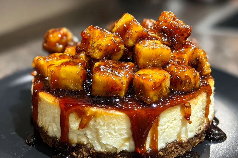 A step-by-step photo collage showing the cooking process for Delicious Caramelized Banana Cheesecake.