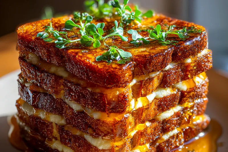 Ingredients for gourmet grilled cheese laid out including thick sourdough bread slices, blocks of cheddar and Gruyère cheese, butter, honey jar, and fresh microgreens