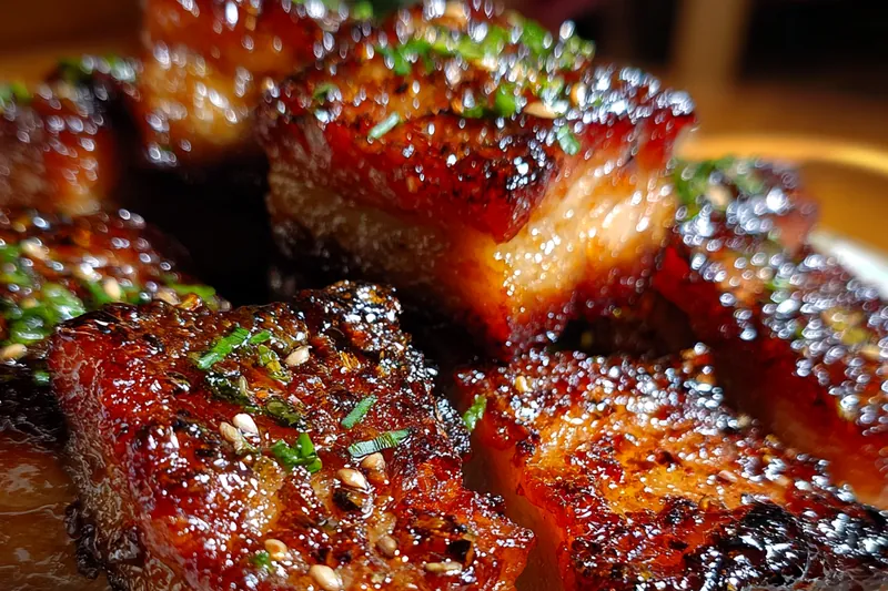 Honey glazed pork belly in the oven showing the glossy caramelized surface and crispy golden-brown skin during the final roasting stage