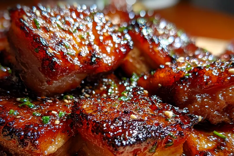 Raw pork belly with honey, soy sauce, ginger, garlic, and Asian seasonings arranged on a marble cutting board ready for preparation