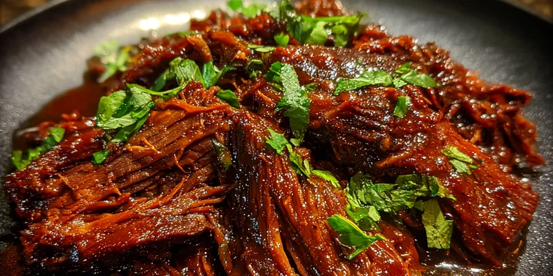 Delicious Caramelized Pulled Beef Brisket served on a plate