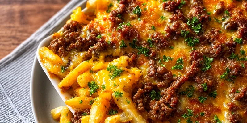 Golden-brown cheeseburger french fry casserole in a baking dish with melted cheese, crispy fries, and fresh garnishes of tomatoes and pickles
