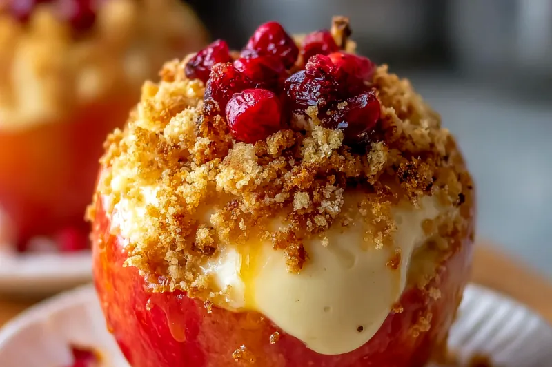 Step-by-step process showing apples being cored, filled with cheesecake mixture, topped with crumble, and baked until golden