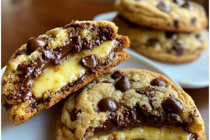 Step-by-step photos showing cookie dough being flattened, cheesecake filling being added to center, and dough being sealed around the filling on a parchment-lined baking sheet