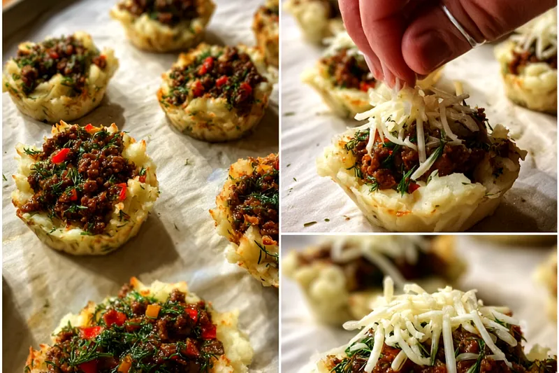Cooking process for Cheesy Baked Mashed Potato Ground Meat Nests