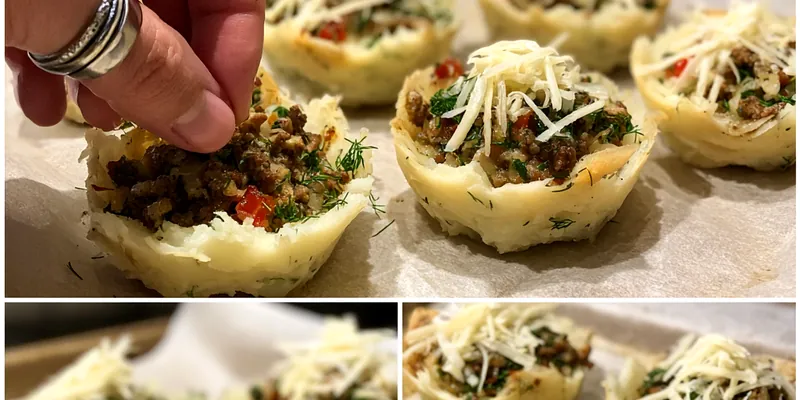 Delicious Cheesy Baked Mashed Potato Ground Meat Nests served on a plate