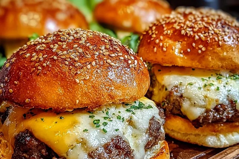 Cheesy beef burgers with melted cheddar and golden sesame seed crust sizzling in a cast iron skillet