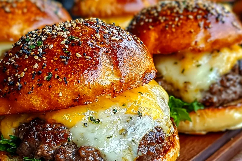 Raw ingredients for cheesy sesame beef burgers including ground beef, grated cheddar cheese, toasted sesame seeds, and seasonings on a wooden cutting board