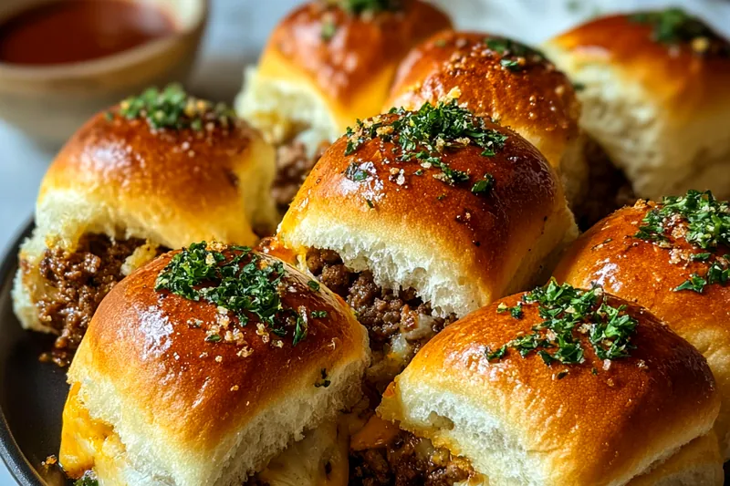 Assembled cheesy beef sliders in a baking dish being brushed with golden garlic butter before baking, showing the stuffed interior