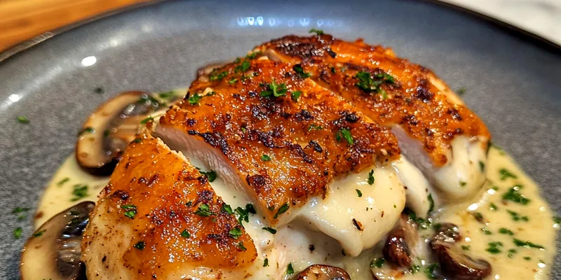 A beautifully plated Savory Stuffed Chicken Delight garnished with fresh herbs and served with a side of vegetables.