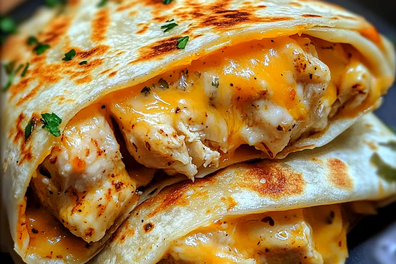 Golden chicken wraps cooking in skillet, showing crispy exterior and melted cheese beginning to ooze from edges