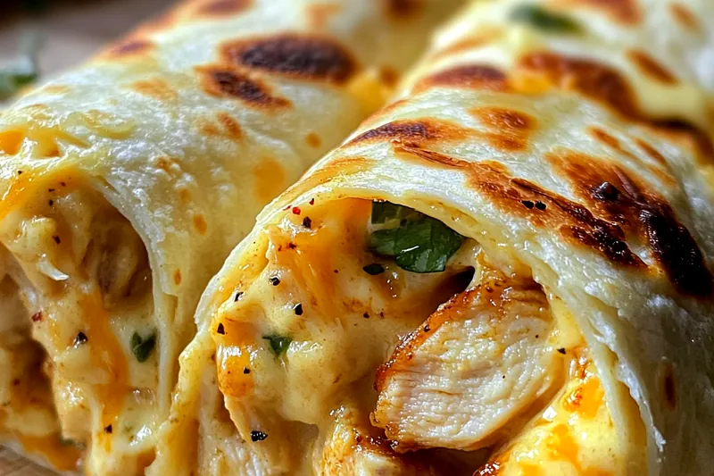 Ingredients for cheesy garlic chicken wraps including diced raw chicken, flour tortillas, shredded cheese, garlic, and butter arranged on cutting board