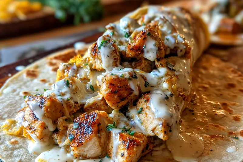 Chef Mitchell cooking chicken for Savory Garlic Chicken Wraps in a skillet, capturing the sizzling process.