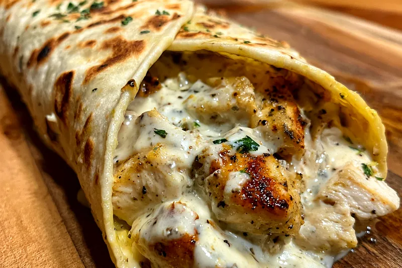 Ingredients for Savory Garlic Chicken Wraps displayed on a wooden table.