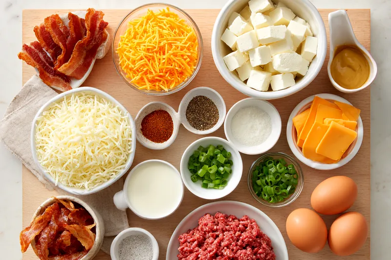 Flat lay of ingredients for keto bacon burger casserole on white marble surface including bowls of ground beef, shredded cheddar and mozzarella cheese, cream cheese cubes, crispy bacon pieces, eggs, mayonnaise, mustard, and small dishes of spices like garlic powder and paprika, with fresh green onions