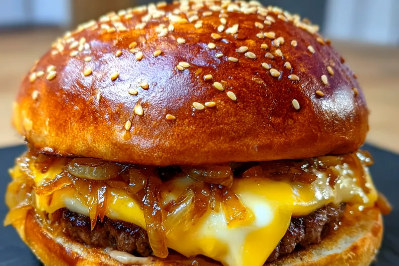 Fresh ingredients for Cheesy Onion Beef Burger
