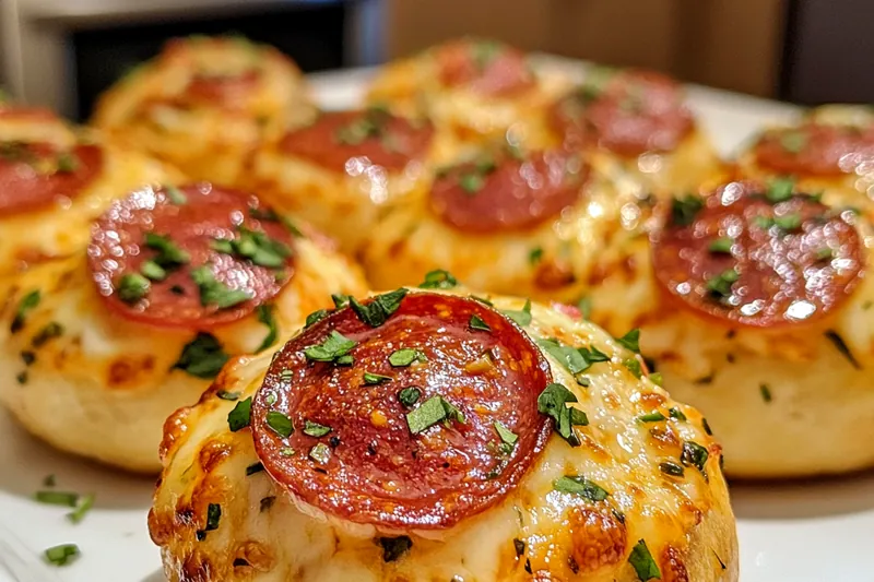 A baking tray filled with golden-brown Savory Pepperoni Cheese Puffs just out of the oven, ready to be enjoyed.