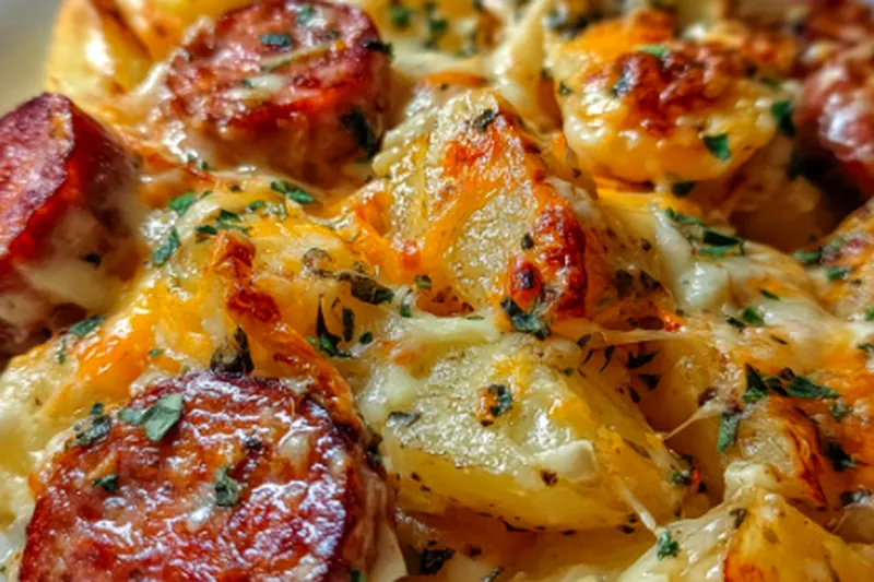 Cheesy ranch potatoes and smoked sausage bubbling in a baking dish with golden melted cheese and tender, seasoned potatoes