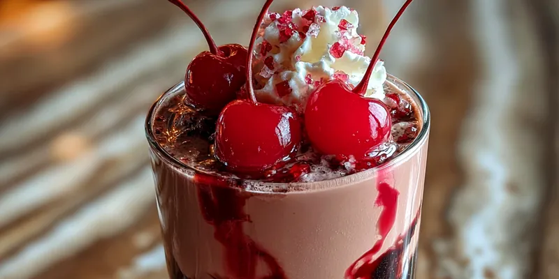 Elegant Cherry Rose Mudslide cocktail in a tall glass with pink-tinted cream, garnished with fresh cherries, rose petals, and chocolate shavings