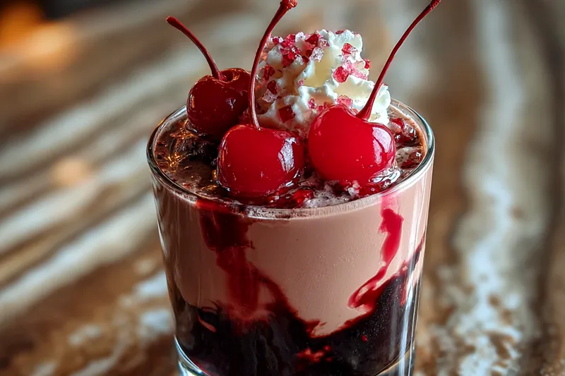 Cocktail ingredients including vodka, cherry liqueur, rose syrup, heavy cream, and garnishes arranged on a marble bar top
