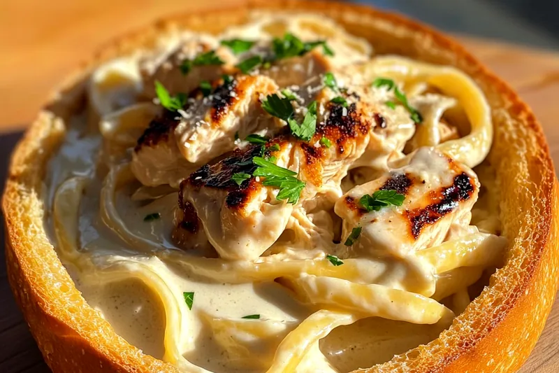 An organized display of ingredients for Creamy Chicken Alfredo Bowls including chicken, pasta, and sauce components.