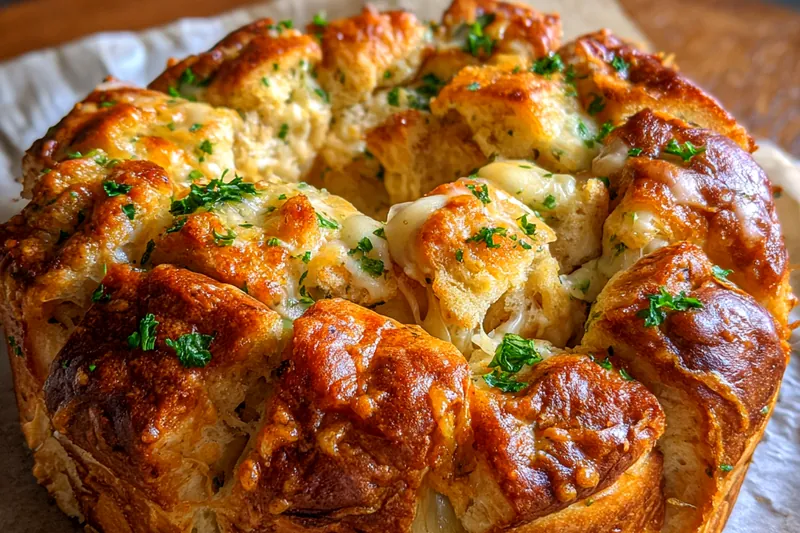 A step-by-step image showing the preparation of Cheesy Chicken Pull-Apart Bread, highlighting the stuffing process.