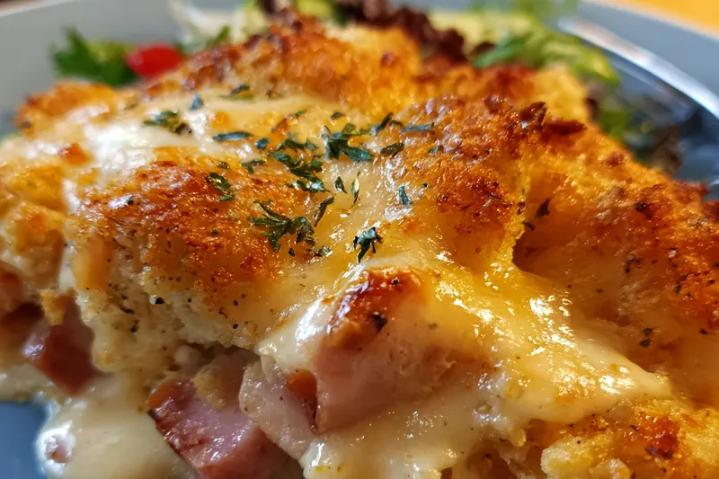 Ingredients for Chicken Cordon Bleu Casserole on a wooden table