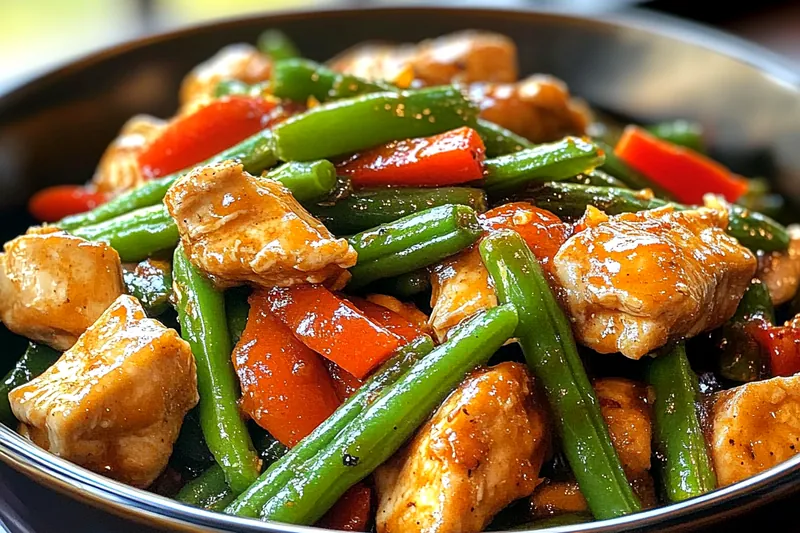 Fresh ingredients laid out for Easy Chicken Green Bean Stir Fry, showcasing chicken, green beans, and vibrant vegetables.