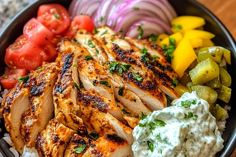 A colorful array of ingredients for Savory Chicken Gyro Bowl, including fresh vegetables and spices.