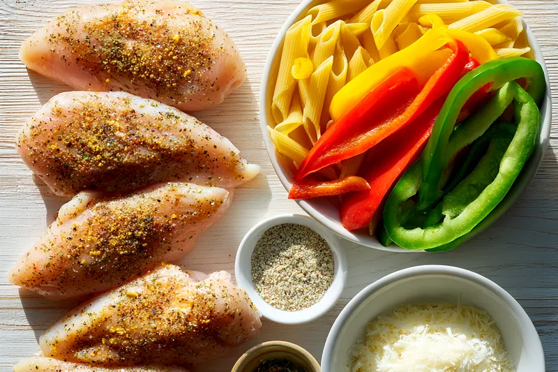 Golden-seared jerk chicken slices being tossed with creamy pasta and colorful peppers in a large skillet