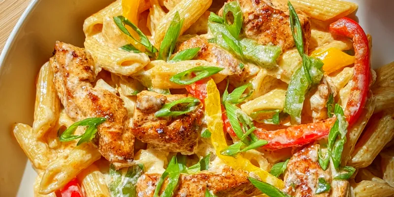 Creamy jerk chicken pasta with tender sliced chicken, colorful bell peppers, and garnished with fresh herbs in a white bowl