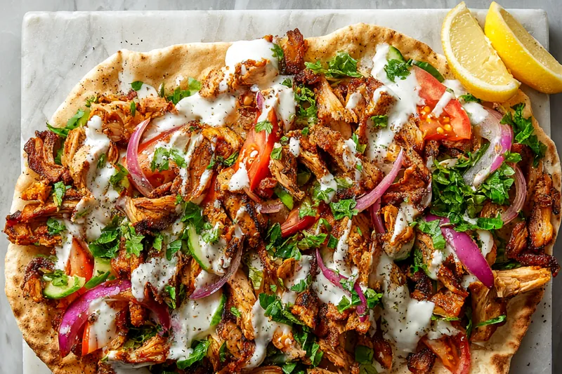 Fresh ingredients for Chicken Shawarma including chicken, spices, and garlic