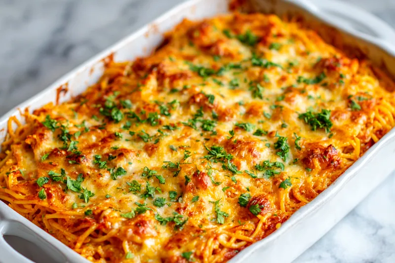 Baking Chicken Spaghetti in the oven until bubbly