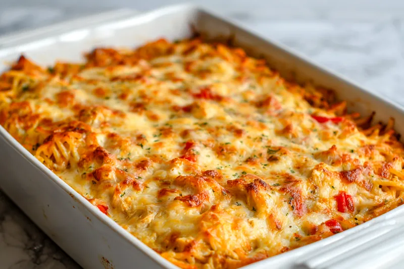 Fresh ingredients for Chicken Spaghetti Bake including chicken and cheese