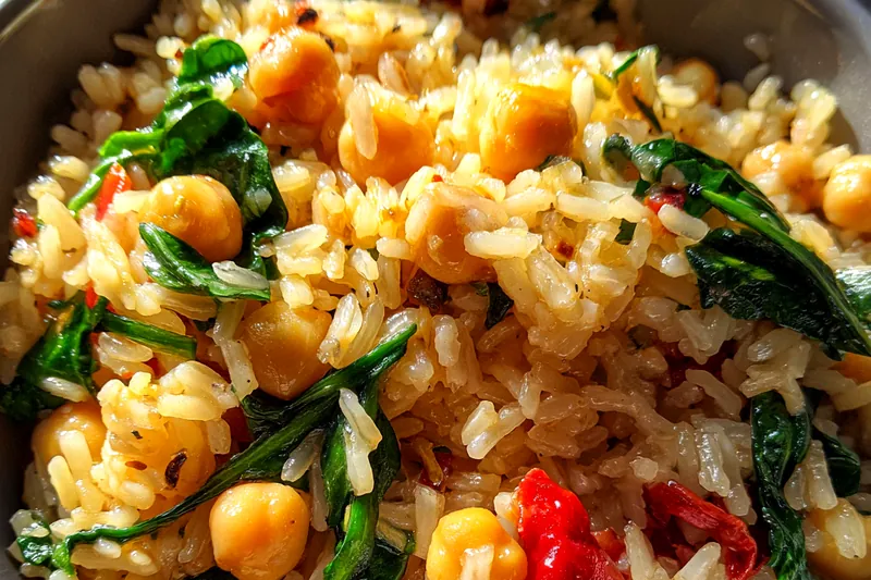 Cooking process for Chickpea Spinach Rice Delight